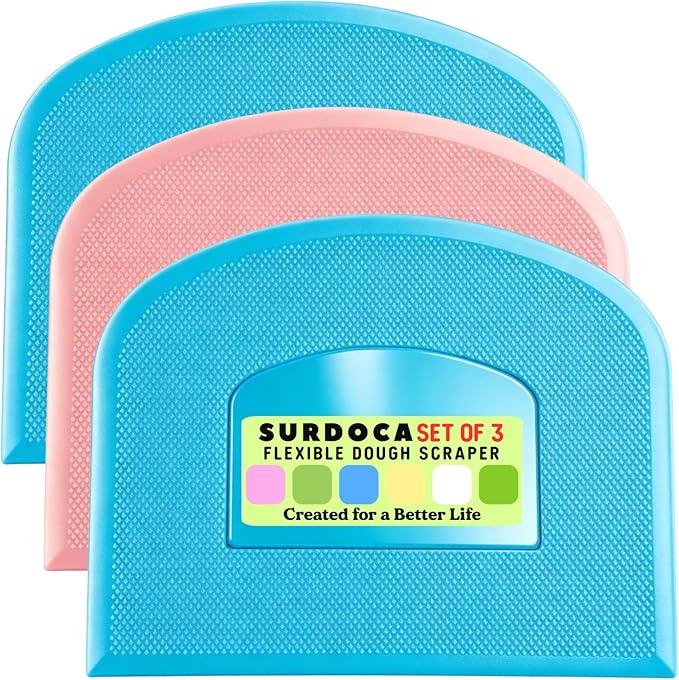 SURDOCA Dough Scraper Bench Scraper - 3P 11.8x7.3" Plastic Flexible Bowl Scraper, Sharp Edge & Angles Cake Scraper. Non-Slip Bakeware Decorating Tools Sculpting & Modeling Tools - Blue+Pink+Blue