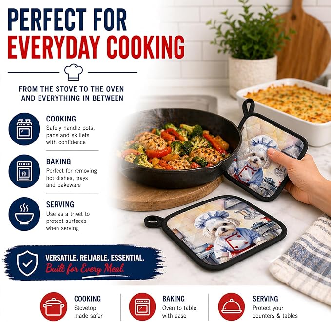 Caroline's Treasures Maltese The Chef Pair of Pot Holders Kitchen Heat Resistant Pot Holders Sets Oven Hot Pads for Cooking Baking BBQ, 7 1/2 x 7 1/2