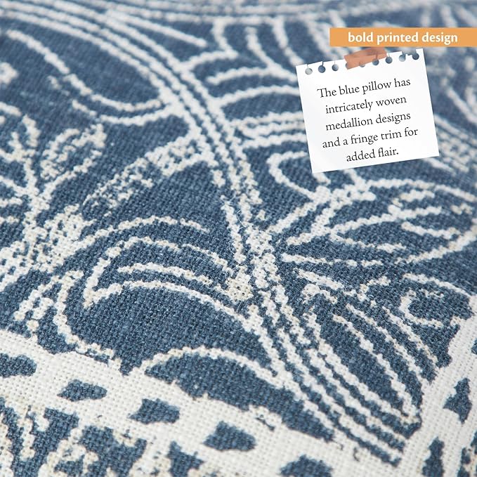 Indigo Ink Navy & Blue Decorative Pillow - 20" x 20" | Square Throw Cushion for Couch, Chair, Bed | Textured Cotton Cover | Cozy Classic Home Decor | Soft Plush Filling | White Denim Collection
