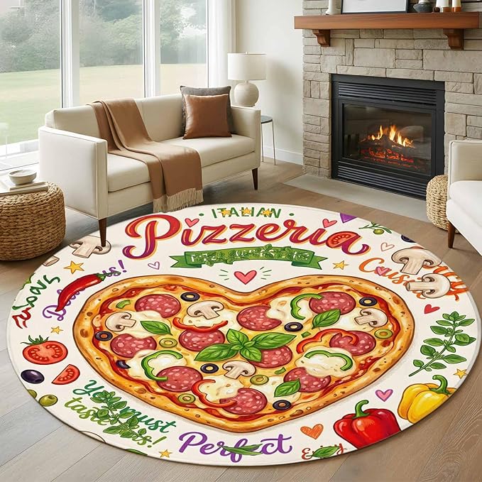 Washable Round Area Rug Cartoon Pizza Watercolor Graffiti Circle Rugs Floor Carpet for Living Room Bedroom, Farmhouse Vegetable Leaves Soft Non Slip Round Rug 5ft