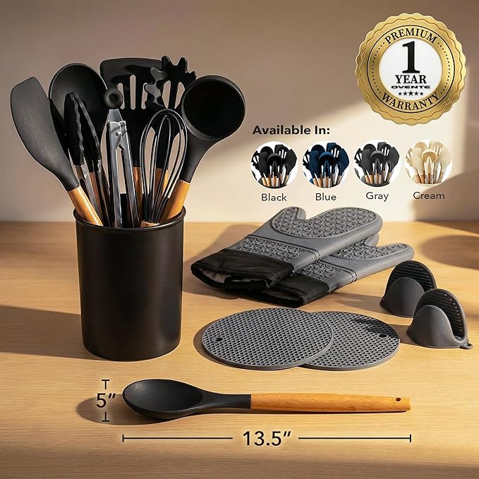 OVENTE Silicone Cooking Utensils Set, 17pcs Heat Resistant Kitchen Tools and Gadgets for Nonstick Cookware, BPA Free Spatula Set with Wooden Handle, Cup Holder, Oven Gloves and Hot Pads, Black SPS17B