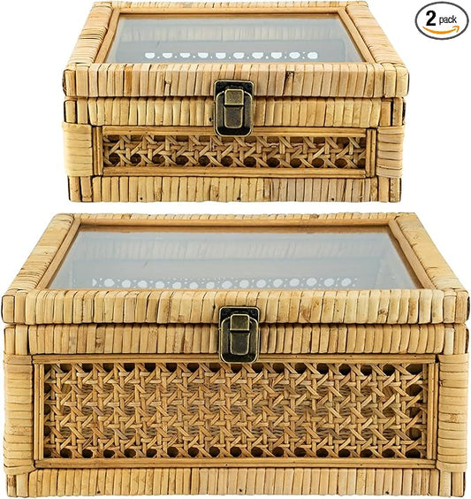 HUAXIN CRAFT H Rattan Square Box with Lid - Set of 2 Wicker Decorative Bins with Glass Cover for Display