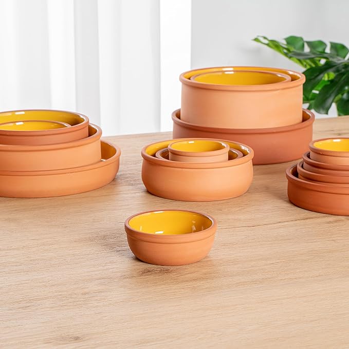 Restaurantware-Terra Tek 5.1 Ounce Terracotta Cazuelas, 2 Yellow Glazed Clay Pots For Cooking - Oven-Ready, Microwavable, Terracotta Serving Pots, Dishwashable, For Cooking And Serving