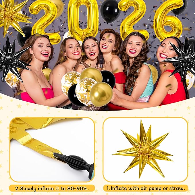 Happy New Year Decorations 2026, New Years Eve Party Supplies 2026 Black and Gold Happy New Year Banner Backdrop New Years Eve Decorations Tablecloth Foil 2026 Balloons for NYE Party Decor