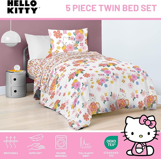 Jay Franco Hello Kitty Twin Size Comforter Set - 7 Piece Bedding Includes Sheet Set & Pillow Covers - Super Soft Floral Bedding