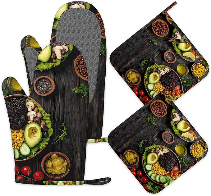 Healthy Food Oven Mitts and Pot Holders Set of 4,Kitchen Glove Heat Resistant Oven Mitts with Non-Slip Silicone for Baking, Cooking, BBQ