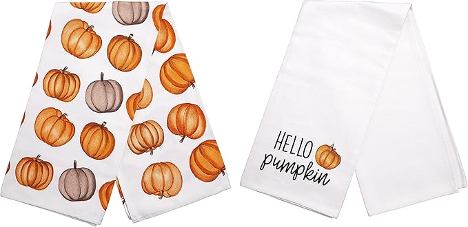 Pearhead Fall Pumpkin Tea Towels Set of 2, Autumn Kitchen Dish Towels with Hello Pumpkin Print and Pumpkin Pattern, Decorative Cotton Hand Towels for Cooking, Baking, and Seasonal Home Décor