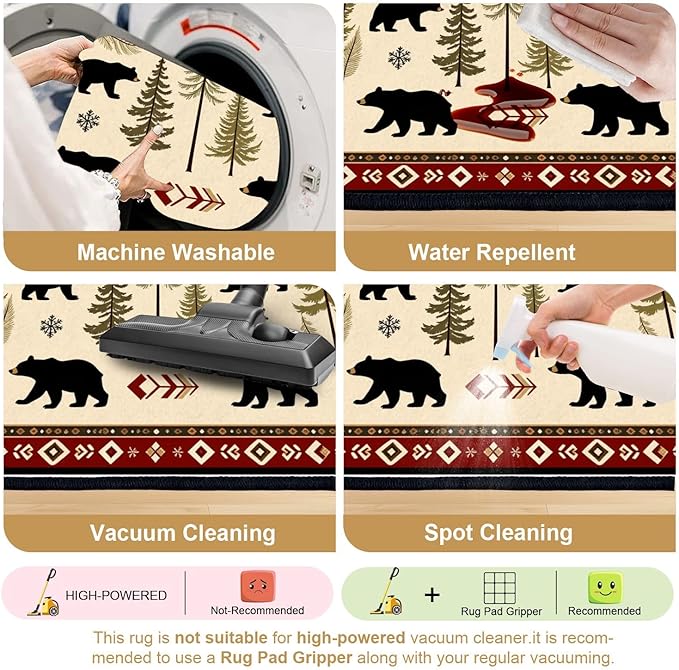 8x10 Area Rugs for Bedroom Boho Washable Man Cave Rug for Living Room Rustic Bear Pine Tree Wilderness Autumn Elements Soft Rubber Backed Non-Slip Large Carpets for Boys