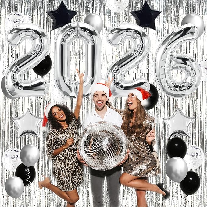 JOJO FLY New Years Eve Party Decorations Kit, Silver 2026 Balloons, Black and Silver Balloons Set, Silver Foil Curtain, Graduation Decorations, New Years Eve Party Supplies 2026
