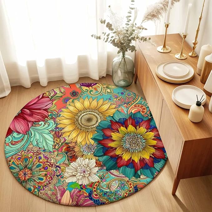 Washable Round Area Rug Boho Colorful Blossom Flower Circle Rugs Floor Carpet for Living Room Bedroom, Country Retro Ethnic Floral Soft Non Slip Round Rug 5ft