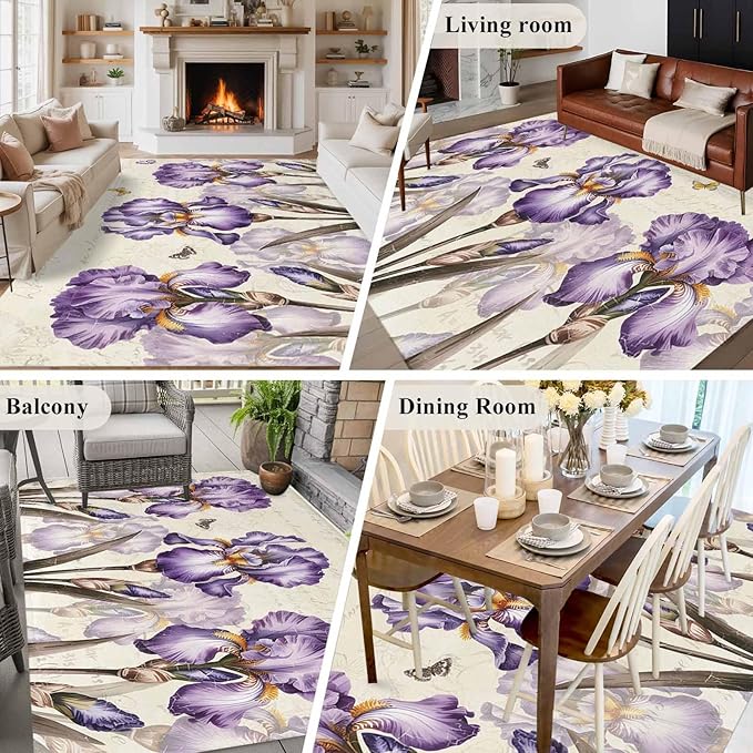 Area Rug 6x9ft, Pastoral Purple Flower Watercolor Washable Rugs for Living Room Bedroom, Country Botanical Butterflies Soft Non-Slip Area Rugs Rectangle Floor Carpet for Dining Room