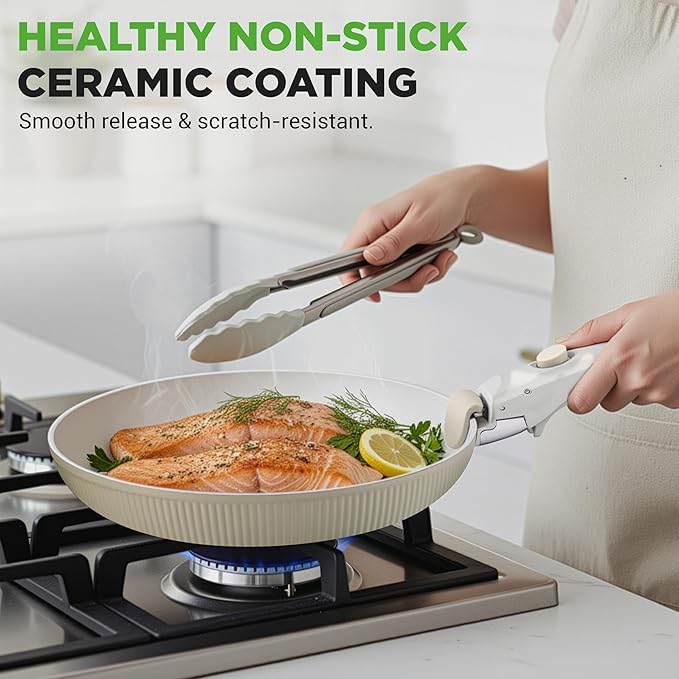 NutriChef 18-Piece Ceramic Cookware Set with Detachable Handles, Space-Saving Nonstick Pots, Pans & Lids, Oven-Safe Bowls, Stackable Storage, Includes Cooking Utensils & Accessories (Green)