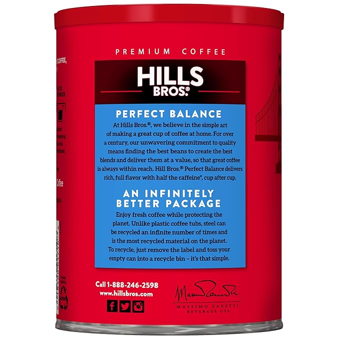 Hills Bros. Perfect Balance Ground Coffee – Premium Arabica Coffee Beans – Medium Roast, Rich Flavor Cup After Cup – Recyclable Steel Can for Freshness – Certified Kosher – 10.3oz Can, Pack of 6