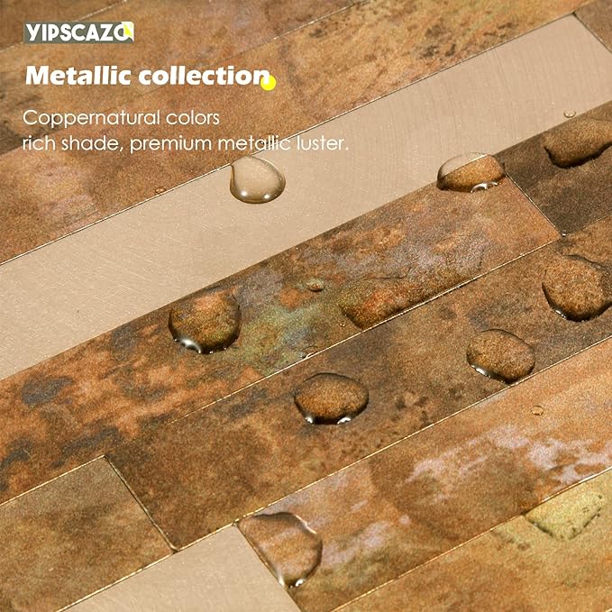 Yipscazo 10 Sheets Peel and Stick Metal Tile Backsplash, Stick on Tiles for Backsplash Kitchen, Bathroom, Laundry Room, Camper, Fireplace (12'' X 12'', Copper)