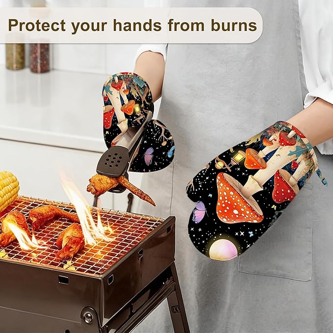 Oven Mitts and Pot Holders Mushroom Silicone Kitchen Accessories Set of 4 Heat Resistant Gloves Colorful Butterfly Moon Star Potholder Non-Slip Grip for Chef Cooking Baking Grilling BBQ