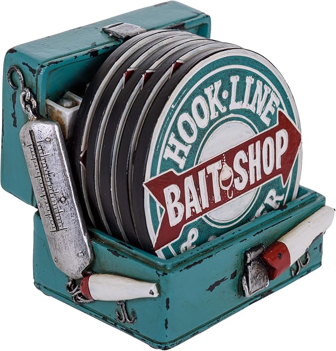 Hook Line & Sinker Bait Shop Rustic Drink Coasters with Holder - Set of 5