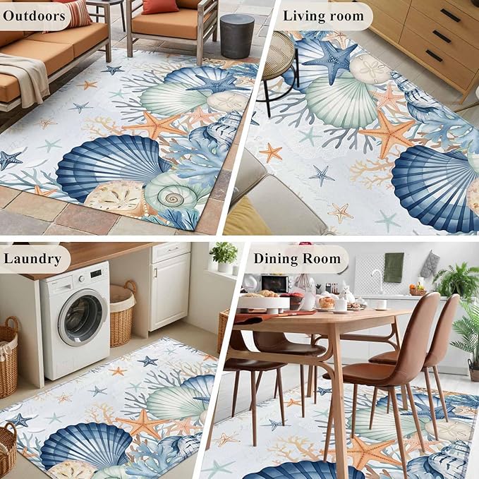 Area Rug 4x6ft, Underwater Shells Starfish on Blue Washable Rugs for Living Room Bedroom, Colorful Coral Soft Non-Slip Area Rugs Rectangle Floor Carpet for Dining Room