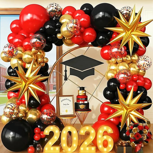 Red Gold Black Balloons Arch Kit Garland for 2026 Graduation Decorations Grad Party Birthday Red Carpet Casino Theme Race Car Birthday Anniversary Party Decorations