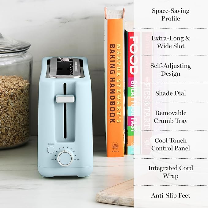 Martha Stewart 2 Slice Long Slot Toaster, Extra Wide for Sourdough & Bagels, 10 Setting Shade Control, Removable Crumb Tray, Self-Centering Design, Defrost/Reheat, Cancel, Slim Space-Saving, Sky Blue