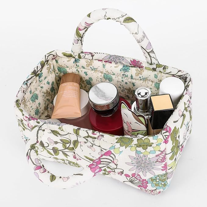 Quilted Fabric Storage Basket Floral Baby Diaper Caddy Quilted Basket for Nursery Bedroom Car Storage