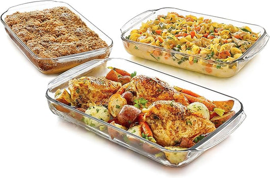 Libbey Baker's Basics 3-Piece Rectangular Glass Casserole Baking Dish Set, Clear, 2 Qt, 2.7 Qt, 3.4 Qt, Transparent, Stackable, Dishwasher Safe