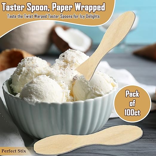 Perfect Stix - ASO24W12PO5-100 Wooden Craft Stick/Plain Taster Spoon, Paper Wrapped, 5" Length (Pack of 100)