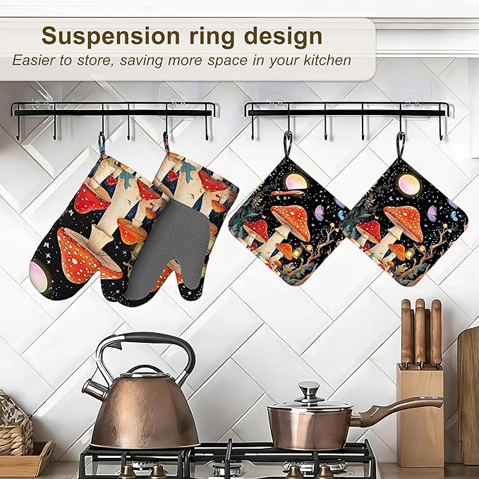 Oven Mitts and Pot Holders Mushroom Silicone Kitchen Accessories Set of 4 Heat Resistant Gloves Colorful Butterfly Moon Star Potholder Non-Slip Grip for Chef Cooking Baking Grilling BBQ