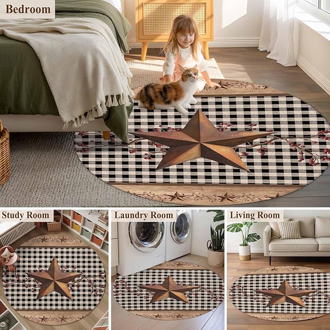 Brown Texas Star Retro 7ft Round Rug, Country Star Non-Skid Rubber Backing Large Area Rugs - Living Room Bedroom Home Office, Black White Plaid Wooden Indoor Floor Mat Carpets Washable Rug
