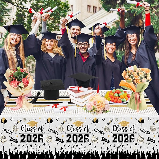 Graduation Decorations Class of 2026 Tablecloth - 3 Pcs Plastic Congrats Grad Table Cloth, Graduation Table Cover for Graduation Party Decorations 2026 and Party Supplies, 54"x108" (Black and Gold)