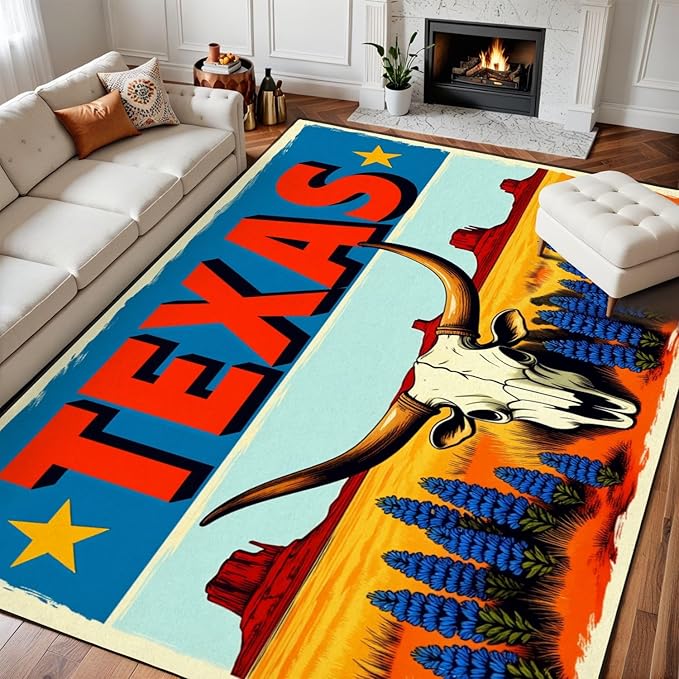 8x10 Area Rugs for Bedroom Boho Washable Man Cave Rug for Living Room Texas Desert Landscape Longhorn Skull Bluebonnets Bold Retro Soft Rubber Backed Non-Slip Large Carpets for Boys