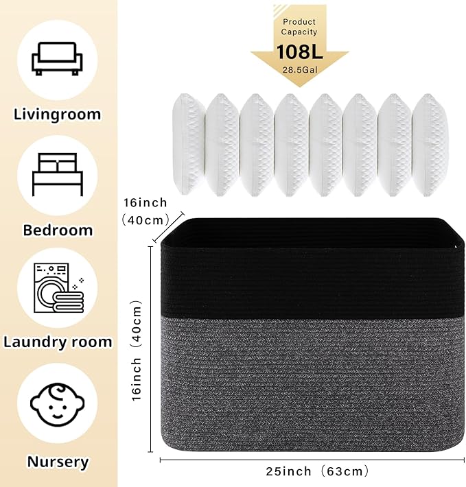 OIAHOMY 108L Extra Large Blanket Basket, 25”x16”x16” Laundry Basket, Blanket Storage for Living Room, Dog Toy Storage with Handle - Grey & Black