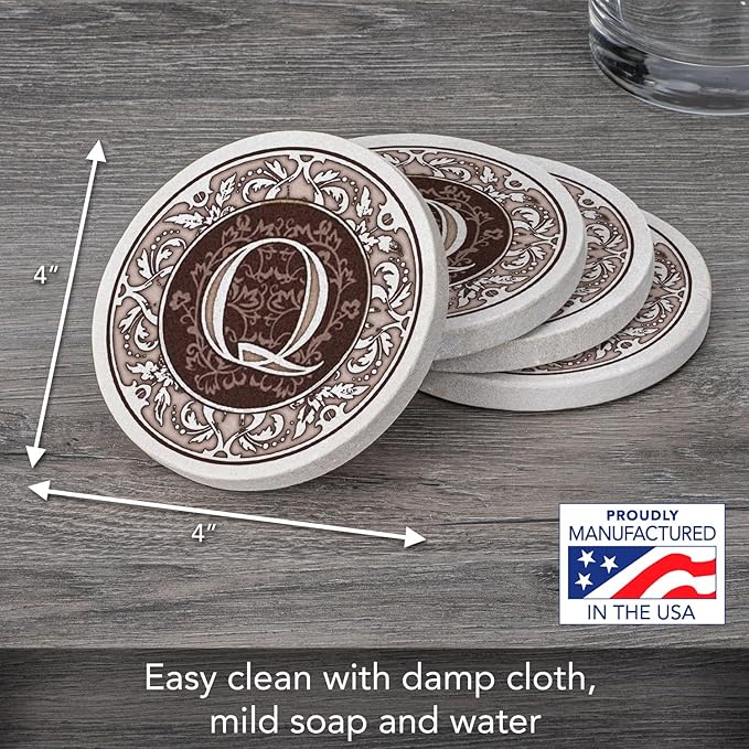 Thirstystone 4-Pack Monogram Letter “Q” Sandstone Coasters Manufactured in The USA Decorative, Absorbent, Easily Wipes Clean