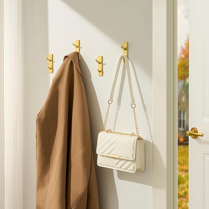 susswiff Gold Wall Hooks for Coat Towel: 13LB Adhesive Door Hanger Stick on, 4 Pack