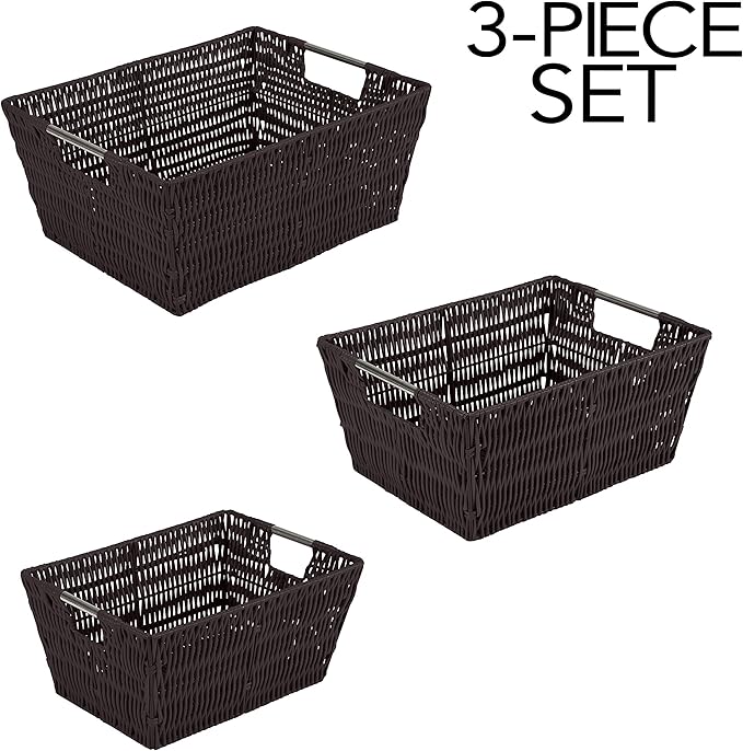 Simplify 3 Piece Set Woven Rattan Tote Baskets | Multi-Size | Handles | Storage & Organization | Toys | Bathroom Accessories | Home | Office | Dorm | Playroom | Closet | Chocolate