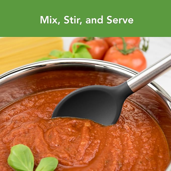 Tovolo Mixing Spoon Stainless Steel Handle Scratch Resistant Non Stick Safe Kitchen Utensil for Cooking Baking Serving Stirring, Heat Resistant Silicone Stirring Spoon with Metal Handle Black