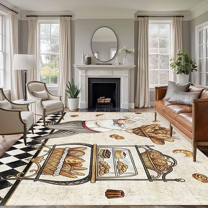 Area Rug 8x10ft, Farmhouse Kitchen Baker Bread Washable Rugs for Living Room Bedroom, Vintage Black Plaid Soft Non-Slip Area Rugs Rectangle Floor Carpet for Dining Room