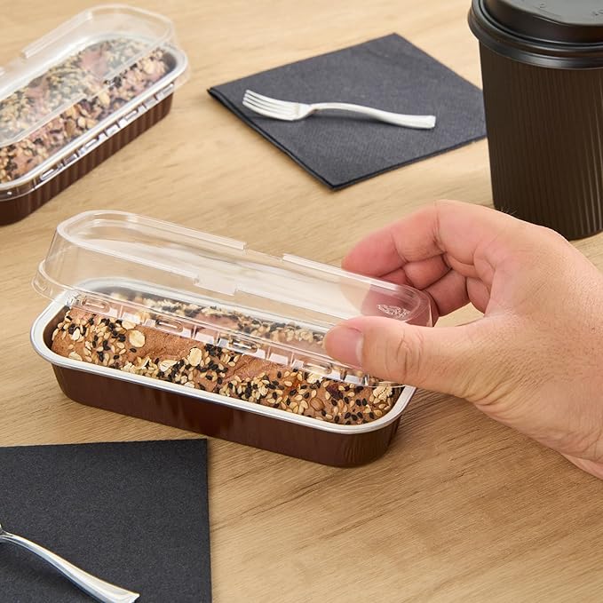 Restaurantware-6.8 Ounce 6.5 X 2.6 X 1.2 Inch Mini Cake Pans, 100 Round Baking Cup - Disposable, With Dome Lids, Coffee Brown Aluminum Cake Pans, Lightweight, For Frosted Mini Desserts