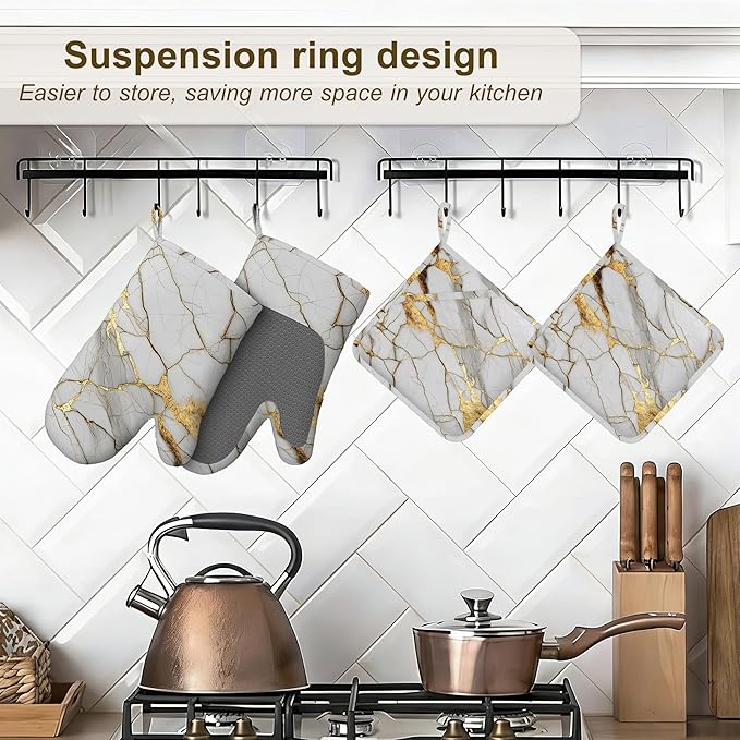White Gold Marble Oven Mitts and Pot Holders Sets,Silicone Abstract Kitchen Mitts Potholders Heat Resistant 4Pcs Oven Gloves Hot Pads for Kitchen Baking Cooking