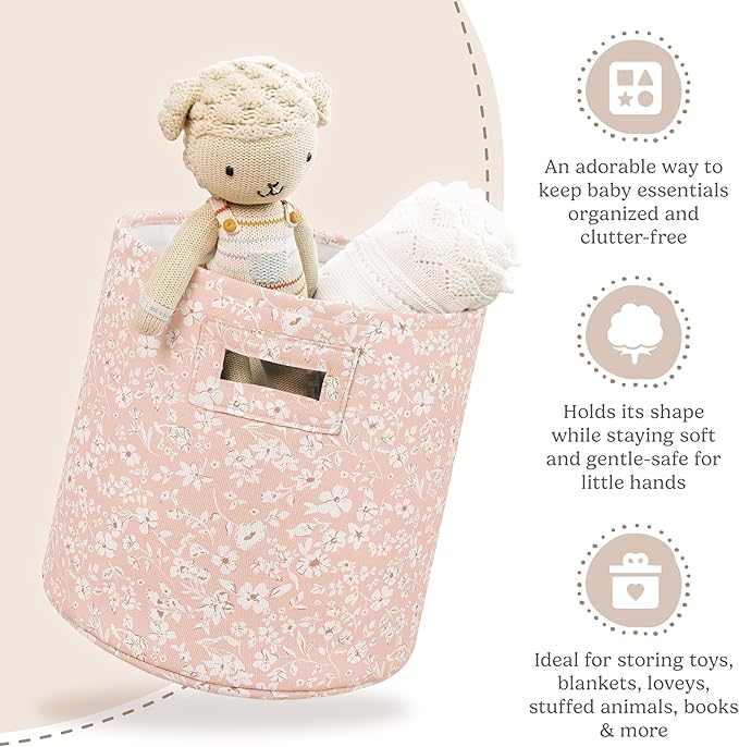 Sorrel + Fern Nursery Storage Basket (Fleurette), Soft Collapsible Fabric Toy Bin, Floral-Inspired Organizer for Playroom or Nursery, Gender-Neutral Decor, 13 × 13 Inches
