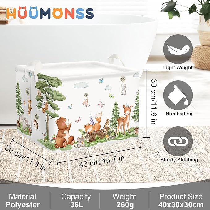 Forest Animals Baby Laundry Hamper Collapsible Clothes Kids Storage Basket Bear Fox Large Boys Girls Gift Toy Box Bin for Nursery, Squirrels, 36L