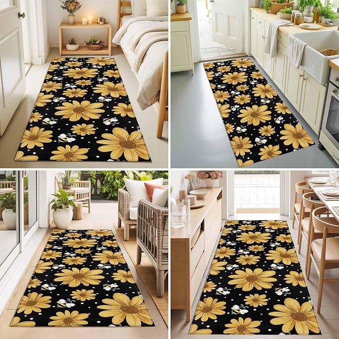 Runner Rug for Bedroom Hallway, Summer Daisy Flower Bee on Black Kitchen Runner Rugs Area Rug 2x6ft, Spring Watercolor Floral Washable Soft Floor Carpet for Entryway Stair