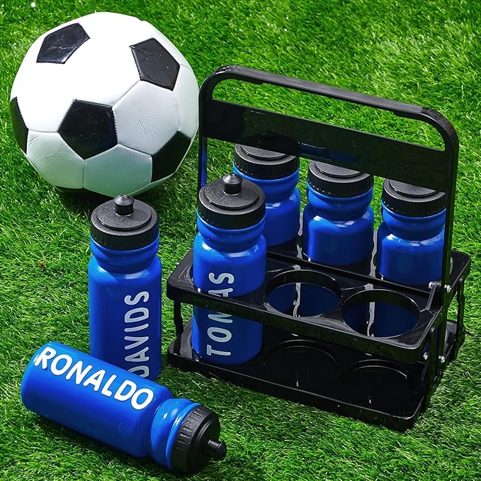 Suclain Water Bottle Carrier with 20 Oz Bottles and Stickers Plastic Wide Mouth Sports Water Bottle Squeeze Team Bottles with Black Lid for Fitness Bike Gym(7 Pcs,Dark Blue)