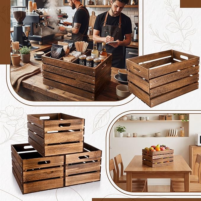 Weysat 3 Pack Large Wood Crates Box for Storage 16 x 12 x 9.5 Inches Unassembled Wooden Milk Crates with Handle Decorative Nesting Box for Display Rustic Decor DIY Office Home Retail Art Craft (Brown)