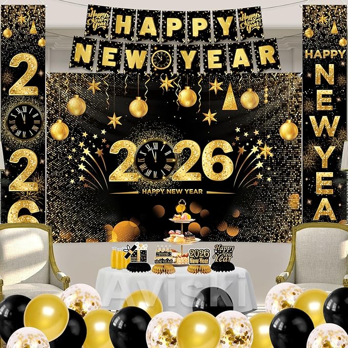 New Years Eve Party Decorations, Happy New Year 2026 Decorations for Party Supplies - Including garland banner, Background Banner, Table Centerpieces, Door/Wall Banner, Balloons