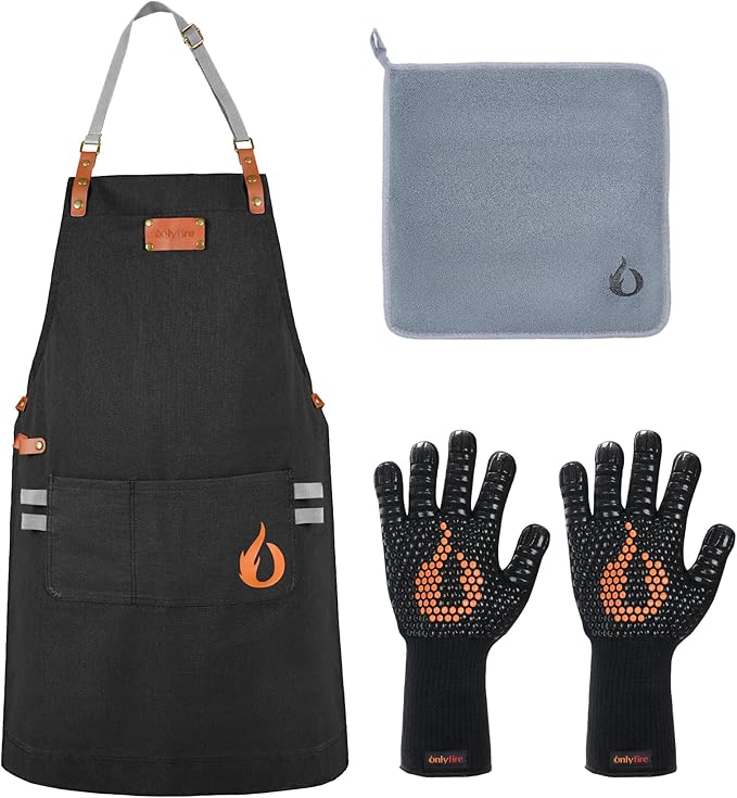 onlyfire Cooking Chef Apron with Pockets, 1472°F Heat Resistant Grill Gloves and Cleaning Cloth for Cooking, Grilling, Barbecue, Smoker, Baking, Frying, Kitchen Tools BBQ Accessories