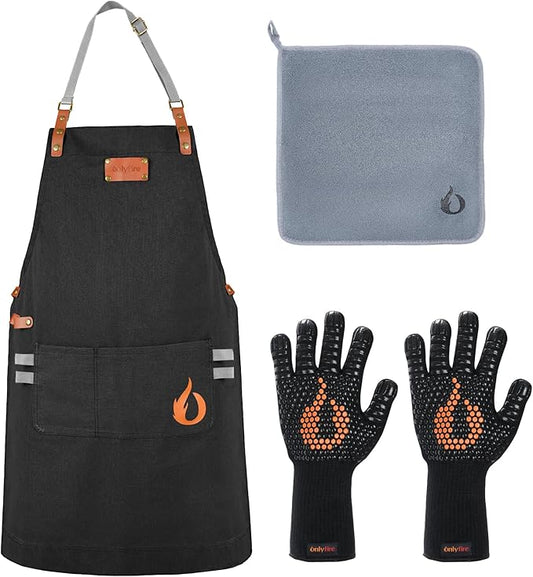 onlyfire Cooking Chef Apron with Pockets, 1472°F Heat Resistant Grill Gloves and Cleaning Cloth for Cooking, Grilling, Barbecue, Smoker, Baking, Frying, Kitchen Tools BBQ Accessories
