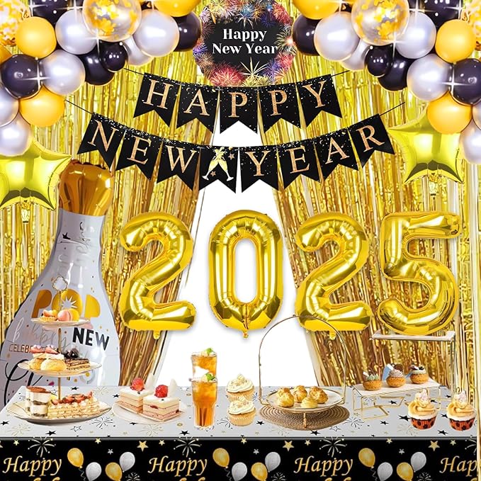 New Years Eve Party Supplies 2025, 69 PCS Kit: Gold & Black Balloons, Banners, Curtains & More for New Year Celebration