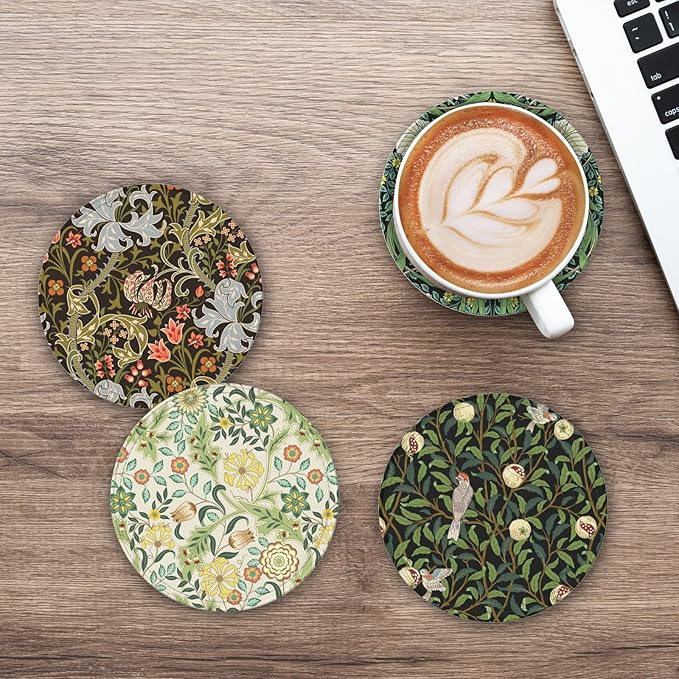 Vintage Floral Art Leather Drinks Coasters with Holder, Set of 6, Suitable for Various Cups