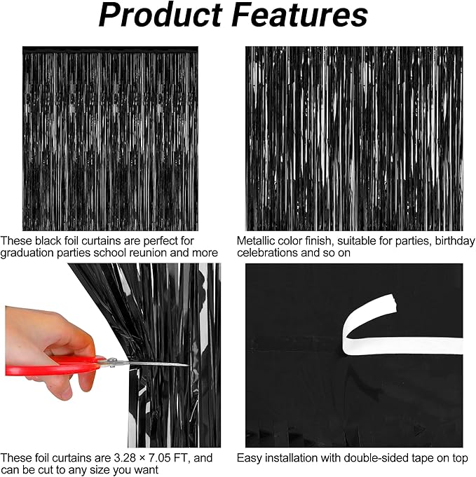 2 Pack 2026 Graduation Party Decorations, 3.28 FT x 7.05 FT Black Backdrop, Metallic Halloween Decorations Photo Backdrop Fringe Curtains Tinsel Backdrop Foil Streamer, Grad Party Supplies