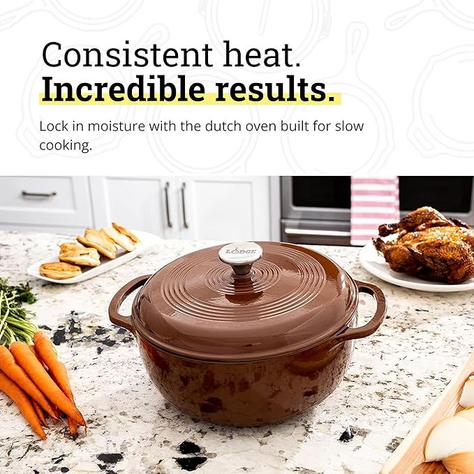 Lodge Essential Enamel Cast Iron Dutch Oven - Perfect for Bread Baking, Braising, Marinating & Slow Cooking - Features Moisture-Sealing Lid & Dual Handles - Kitchen Essentials - 6 Quarts - Burnt Sienna